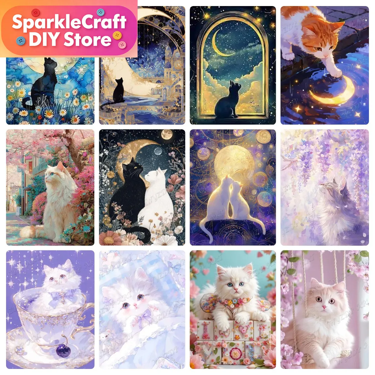 Resin Art Work - 동물 고양이 달 다이아몬드 페인팅 키트