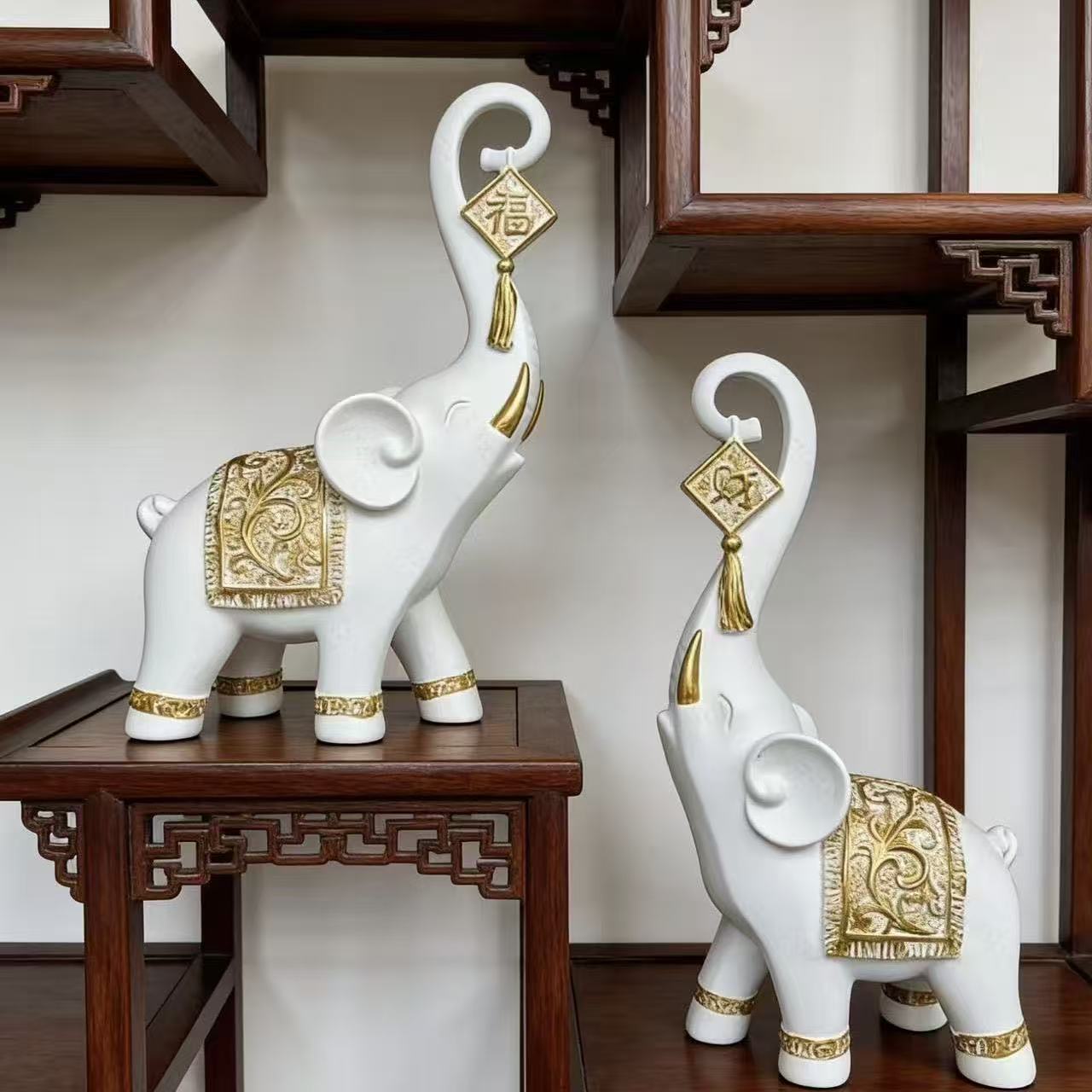 한 쌍의 중국 스타일 행운의 코끼리 코 조각상 가정 장 - Resin Art Wedding Gift 리뷰 및 가격